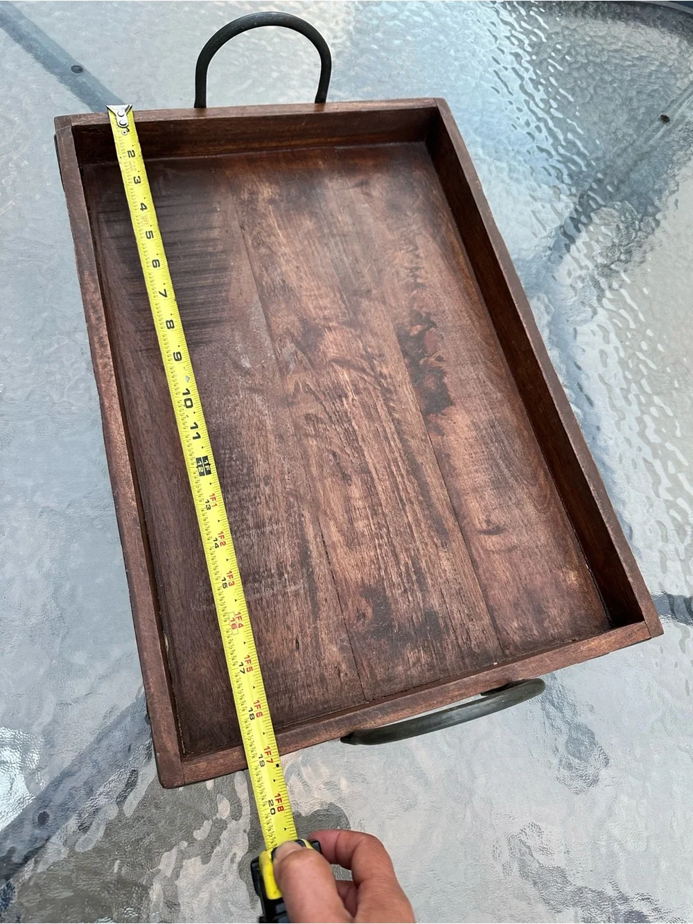 Vintage Wooden Serving Tray dark wood rectangular with metal handles Rustic tray